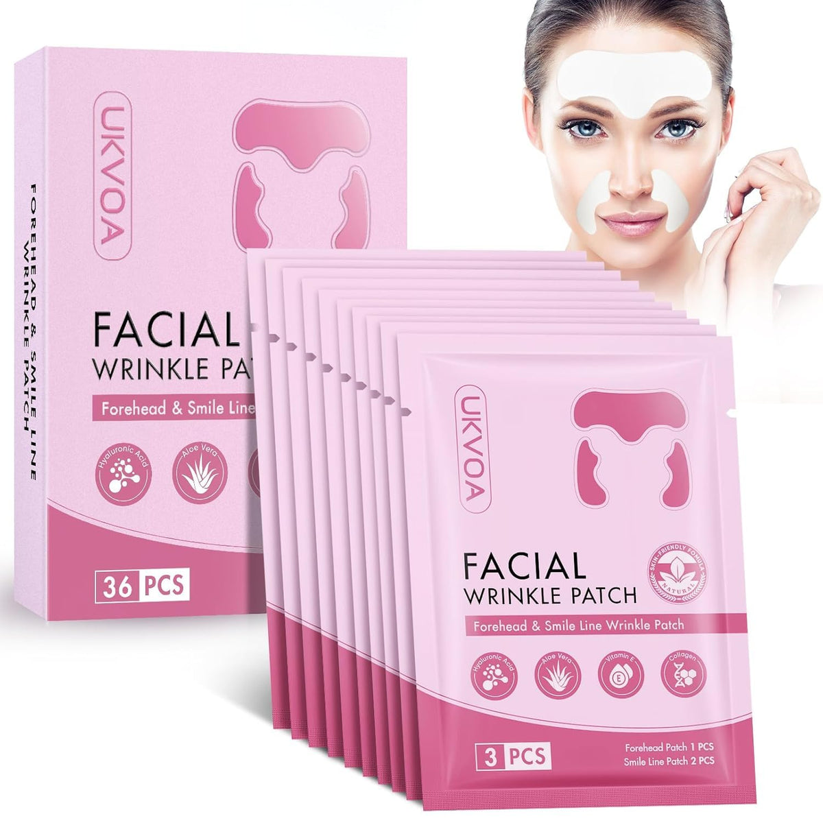 UKVOA forehead wrinkle patches pack shown for overnight smoothing and line visibility reduction