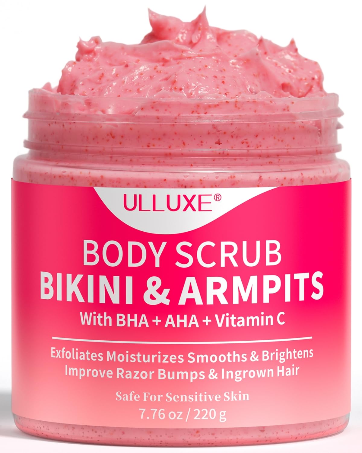 ULLUXE Bikini Area Exfoliator bottle close-up highlighting smooth skin benefits