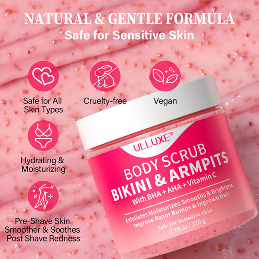 ULLUXE Bikini Area Exfoliator texture with exfoliating beads for gentle cleansing