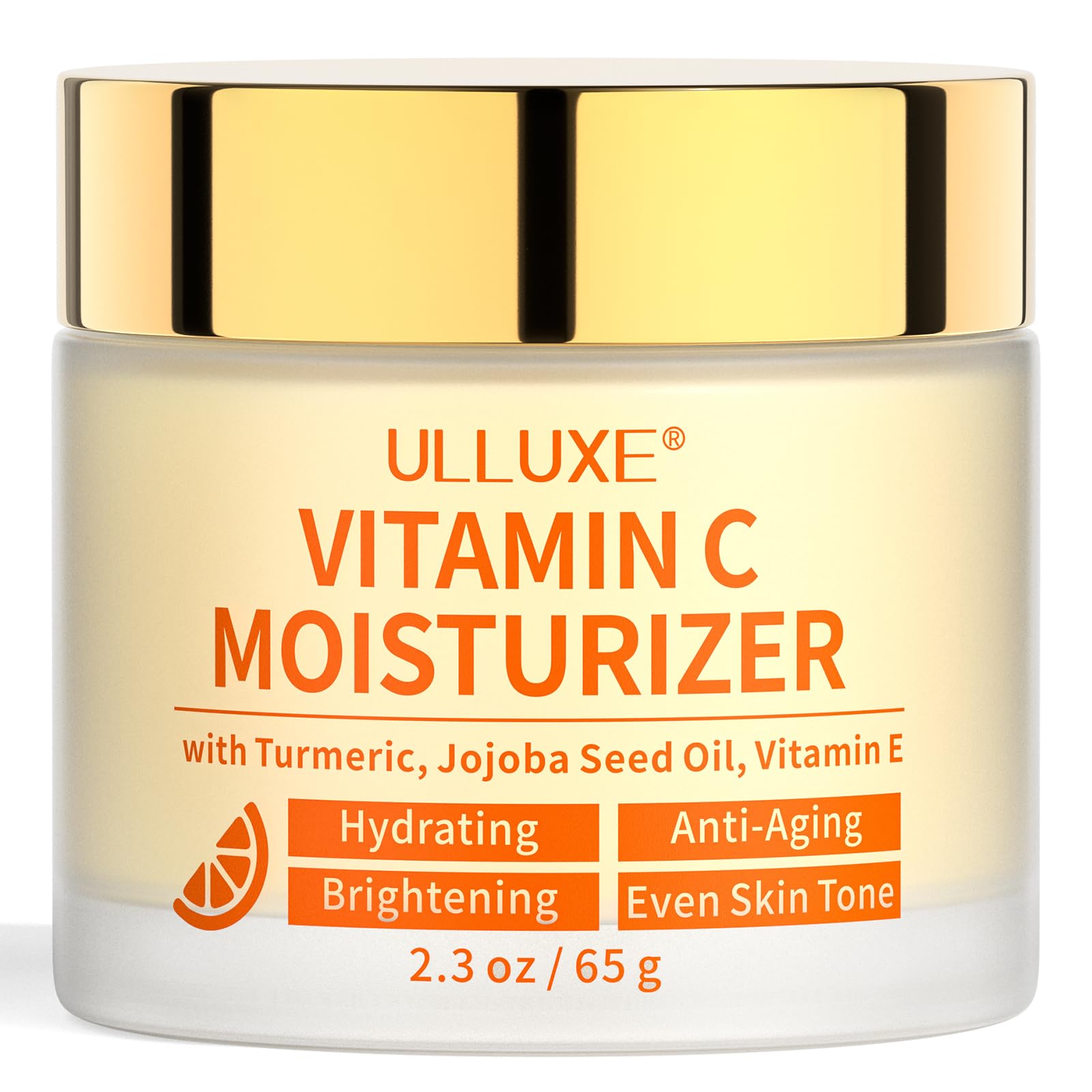 ulluxe Vitamin C Face Moisturizer jar closeup showing creamy texture for radiant skin
