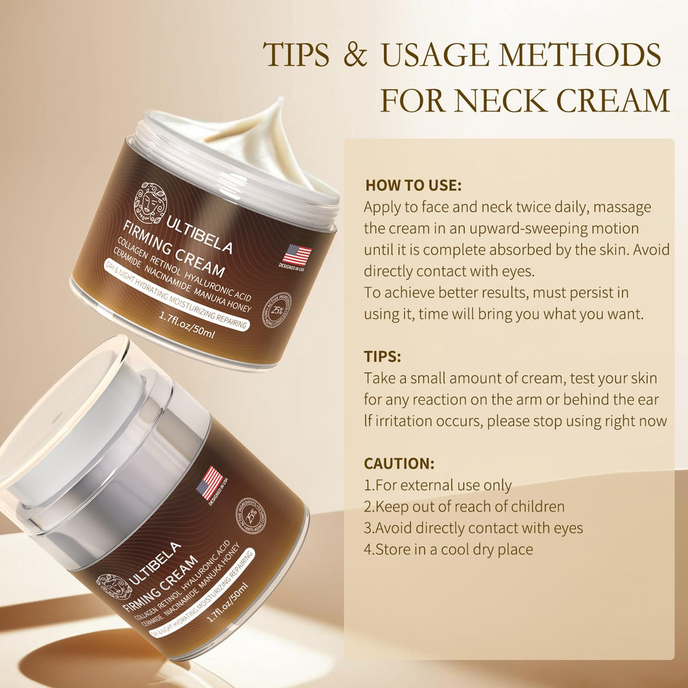 ULTIBELA neck cream shown with non-greasy, quick-absorbing finish.
