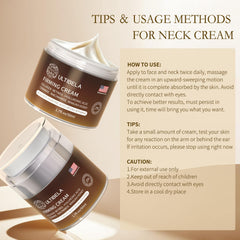 ULTIBELA neck cream shown with non-greasy, quick-absorbing finish.