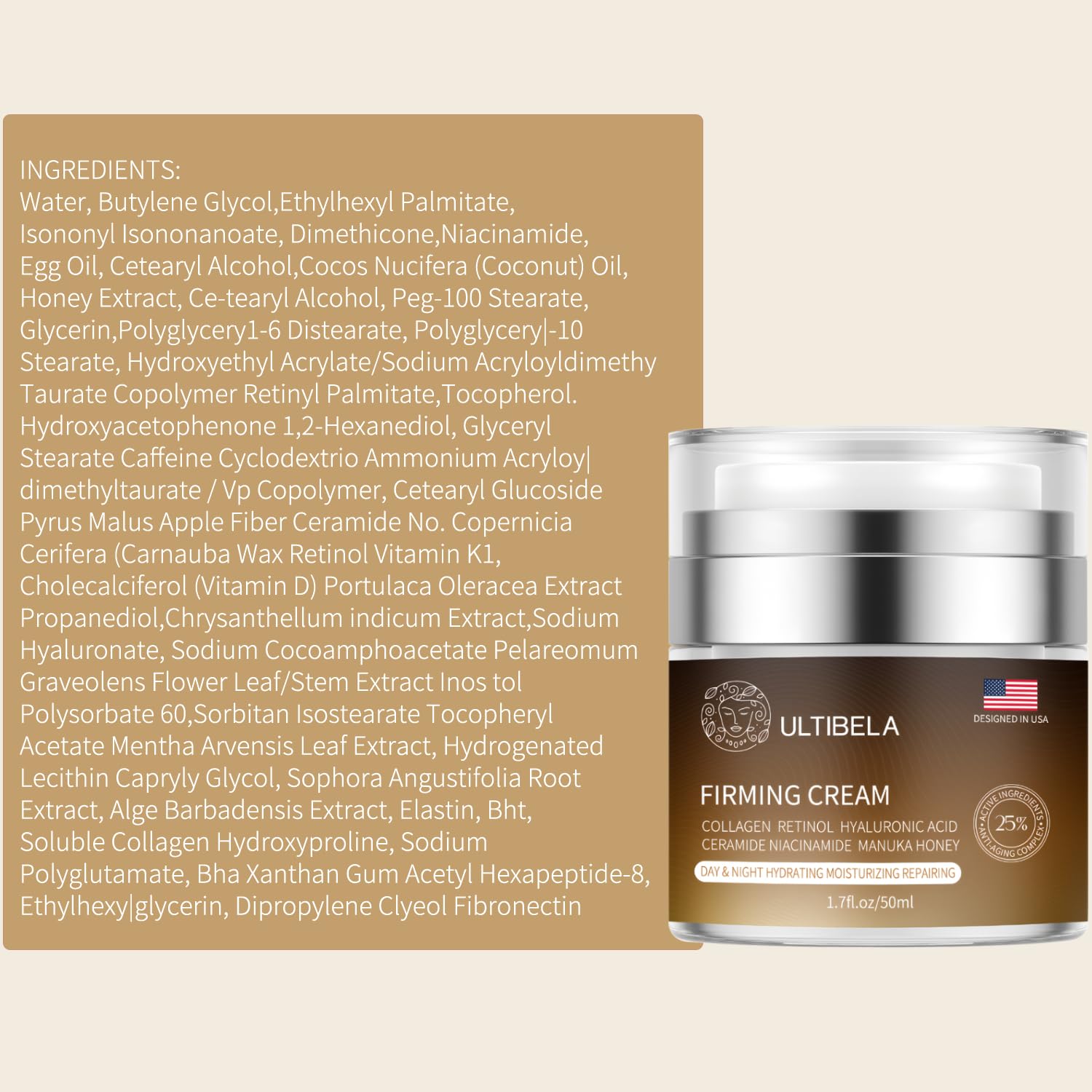 ULTIBELA retinol and collagen visuals imply tightening and renewal.