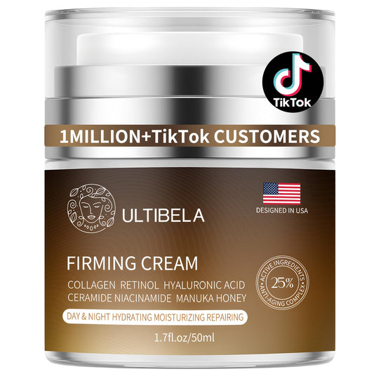 ULTIBELA Tighten and Lift Neck Cream bottle close-up promoting deep hydration.