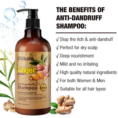 Ultikare Dandruff Ginger Essence emphasizes soothing scalp cleansing.
