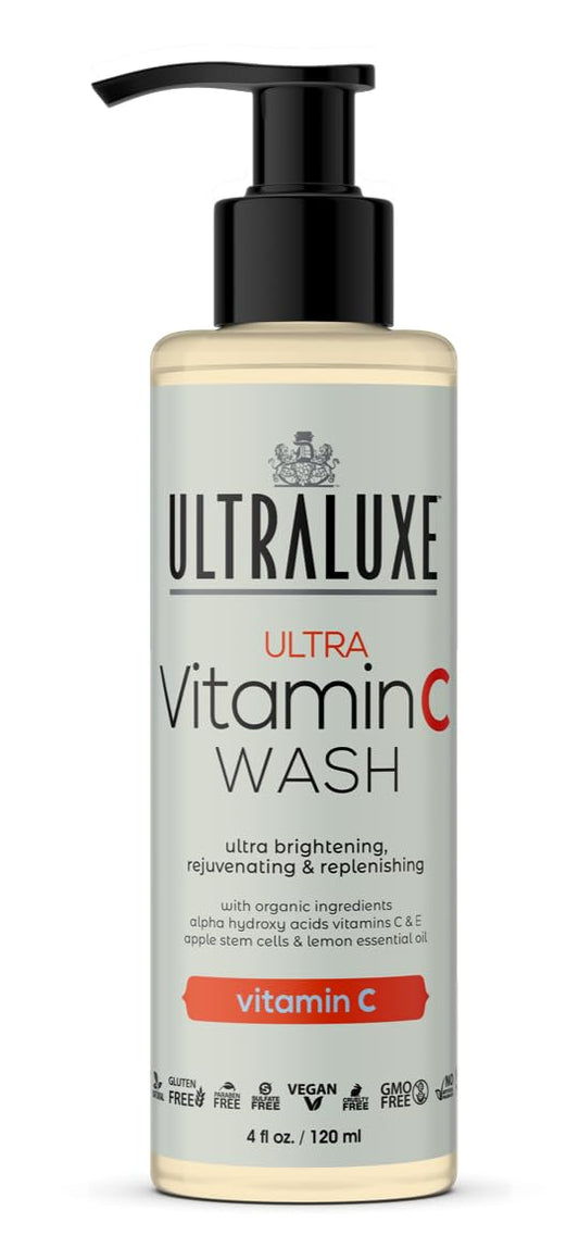 UltraLuxe Anti-Aging Ultra Vitamin C Cleanser bottle pour brightens skin