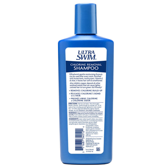 UltraSwim shampoo bottle back label highlights Vitamin E and aloe for moisture.