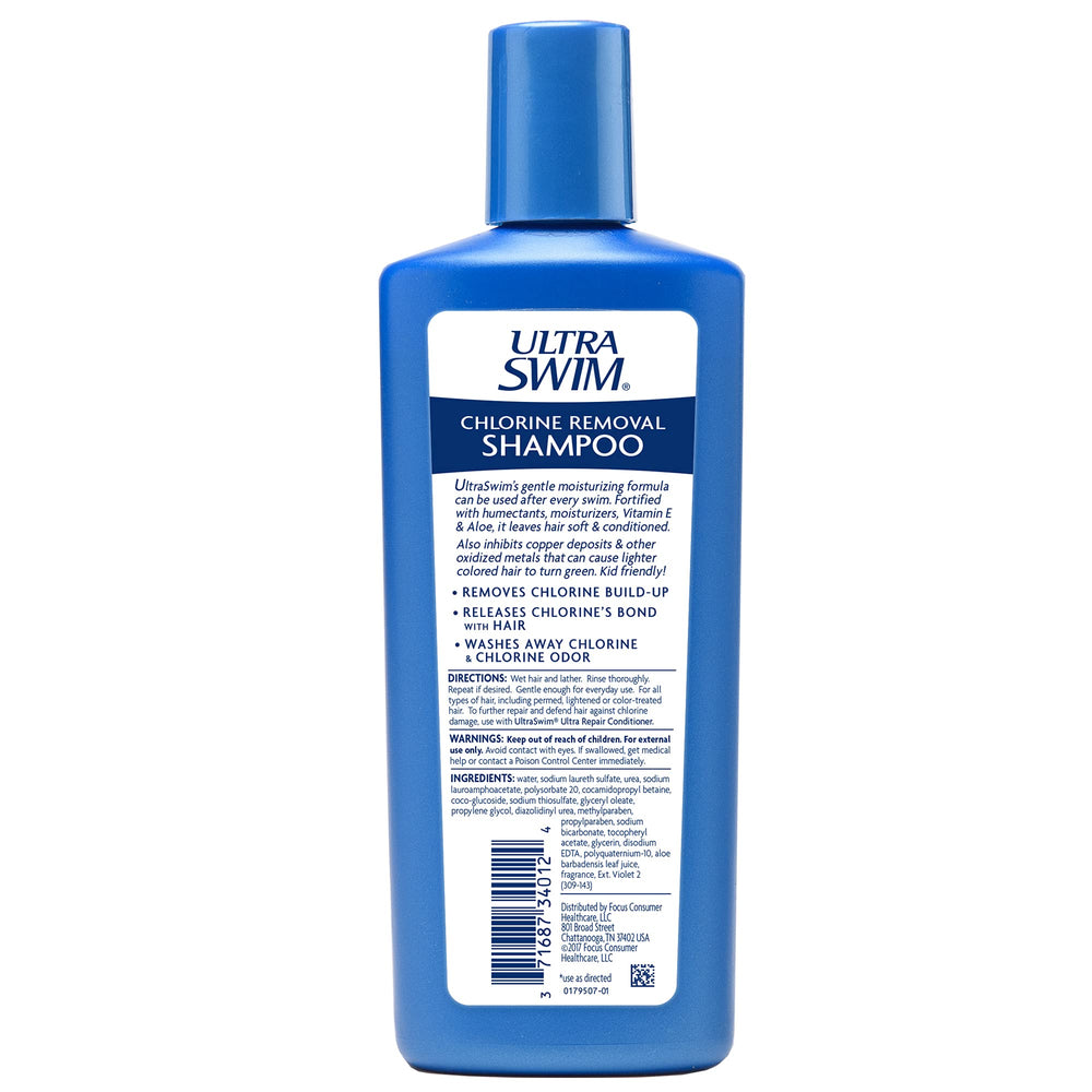 UltraSwim shampoo splash depicting fresh pool-day hair outlook.