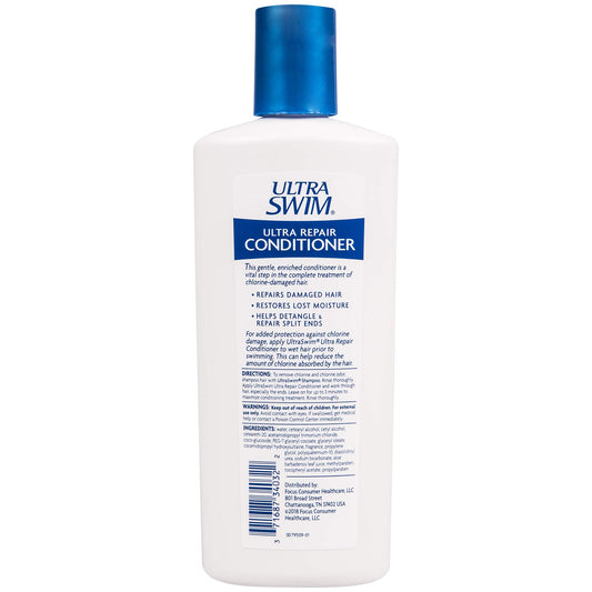 UltraSwim Ultra Repair Conditioner label close-up, highlighting chlorine-damage repair benefits.