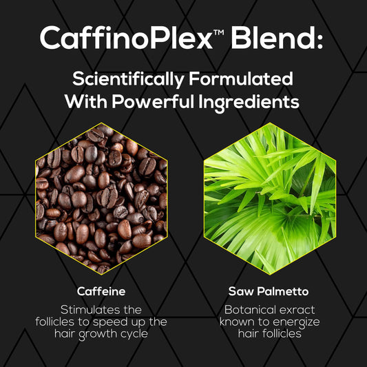Ultrax Labs Hair Growth Shampoo label close-up highlights caffeine and saw palmetto.