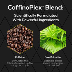 Ultrax Labs Hair Growth Shampoo label close-up highlights caffeine and saw palmetto.