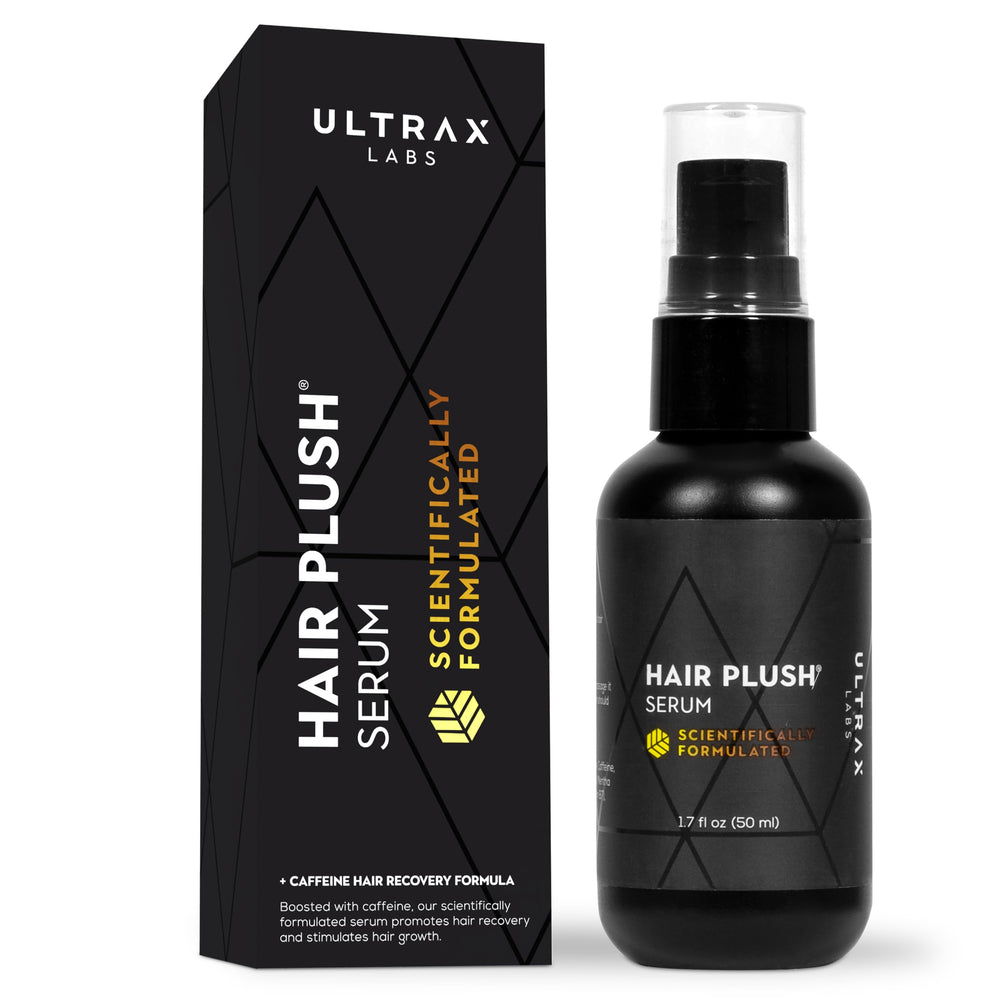Ultrax Labs Hair Plush bottle close-up, biotin-based serum for thicker-looking hair.
