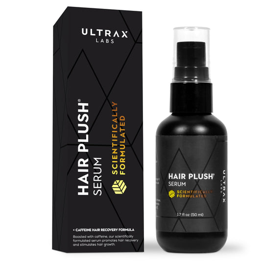Ultrax Labs Hair Plush bottle close-up, biotin-based serum for thicker-looking hair.