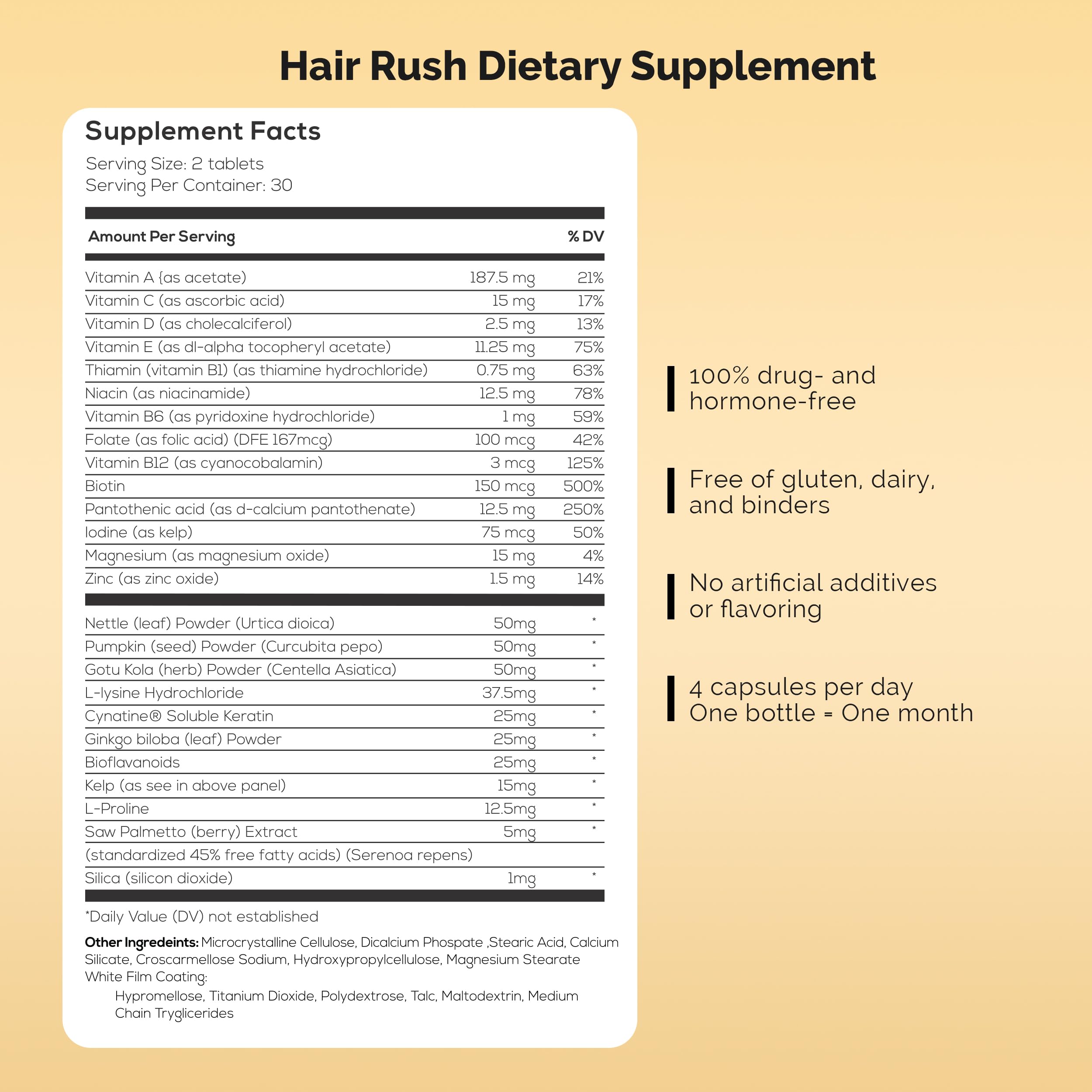 Ultrax Labs Hair Rush bottle back showing dosage and ingredients.