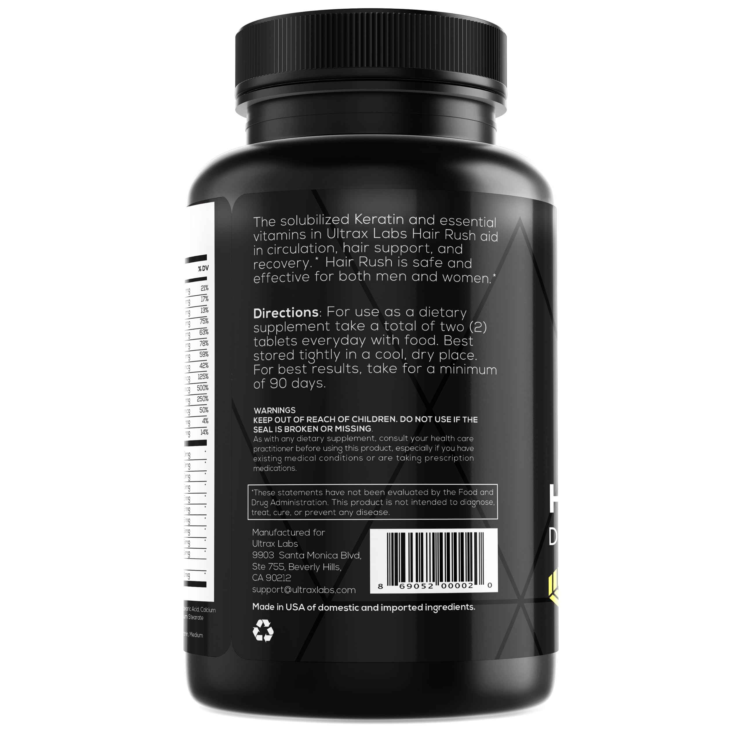 Ultrax Labs Hair Rush bottle beside a pill organizer.