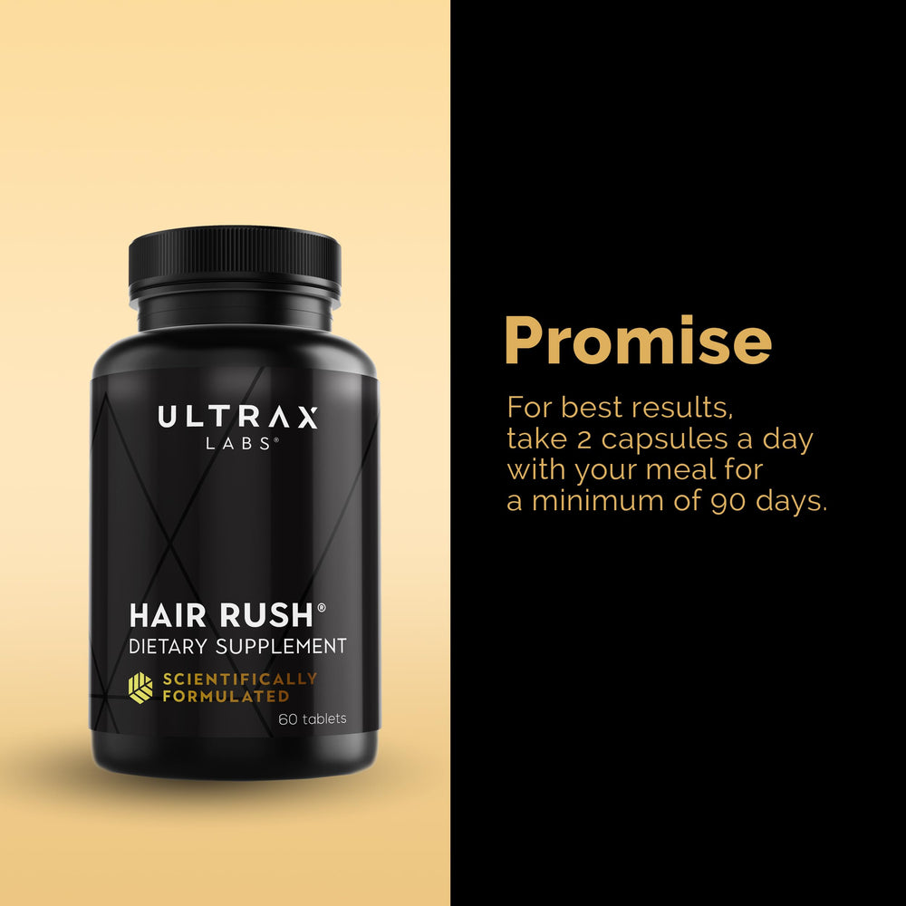 Ultrax Labs Hair Rush tablets close-up highlighting solubilized keratin.