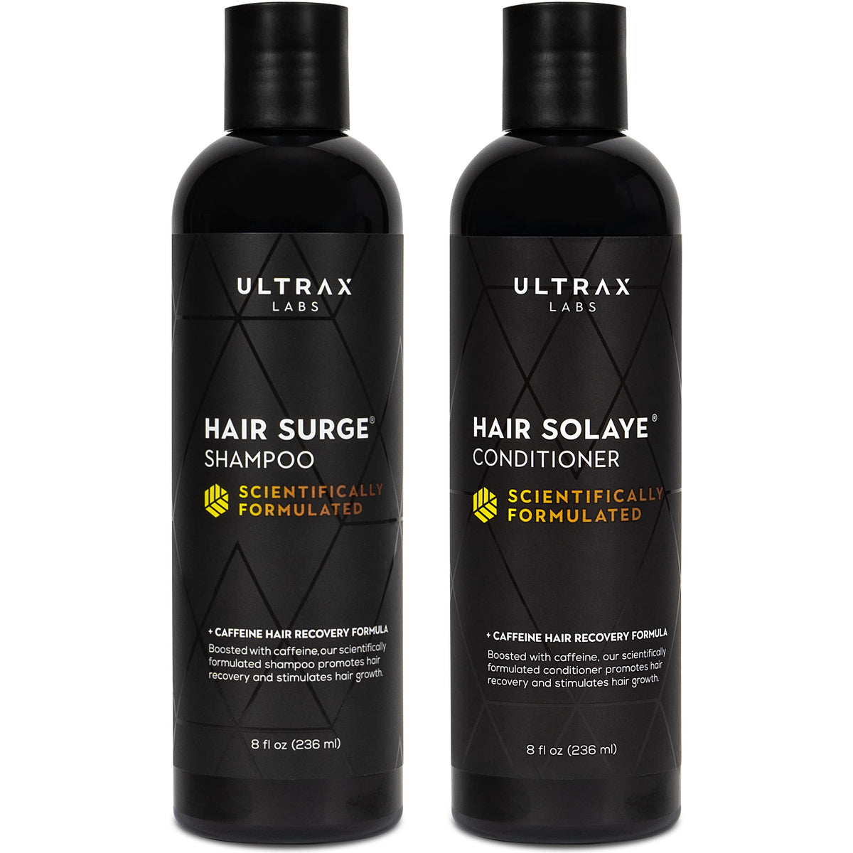 Ultrax Labs Hair Surge Shampoo bottle showing caffeine blend for fuller-looking hair