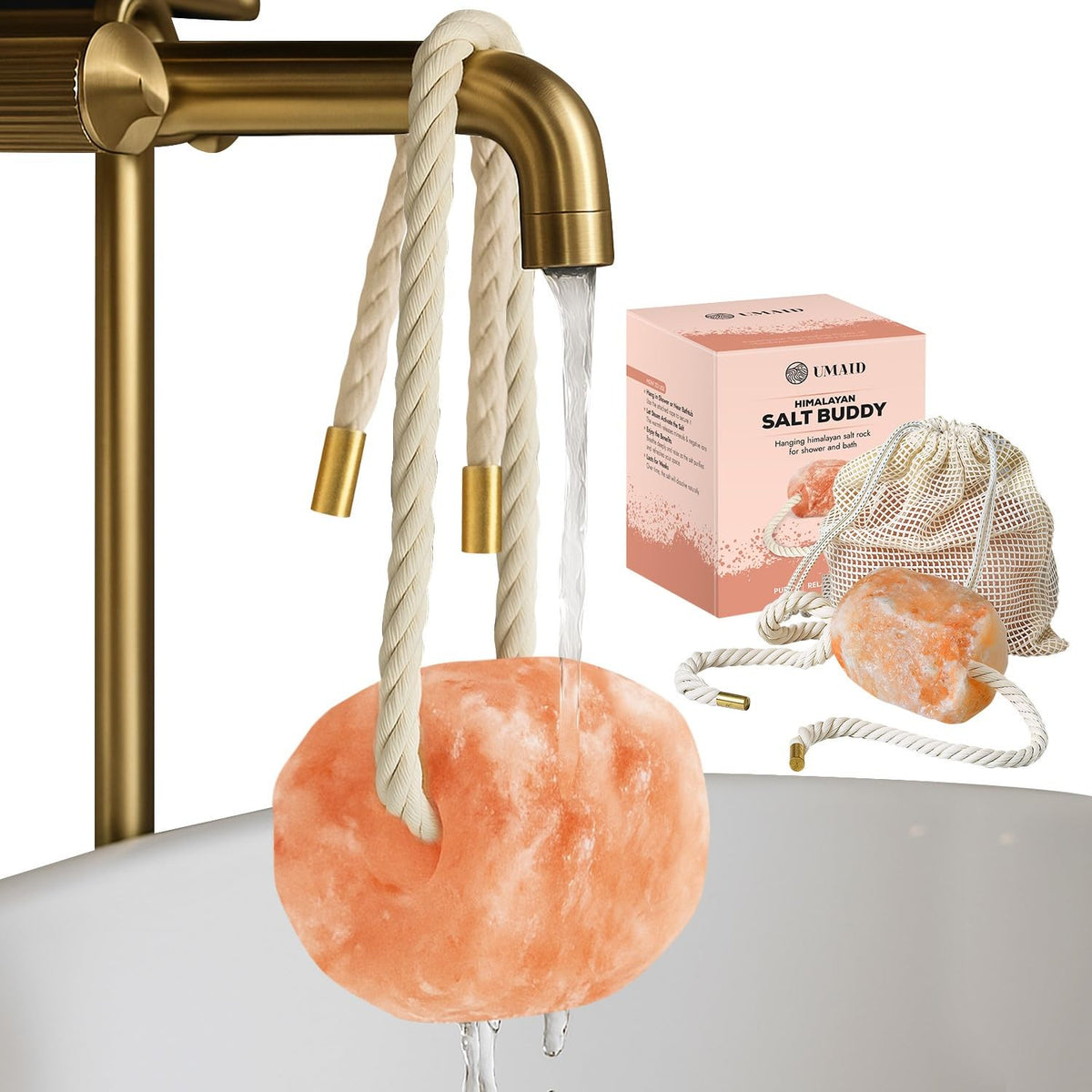 UMAID Himalayan Bath Salt Buddy in shower, hanging setup for a mineral-rich spa-like rinse.