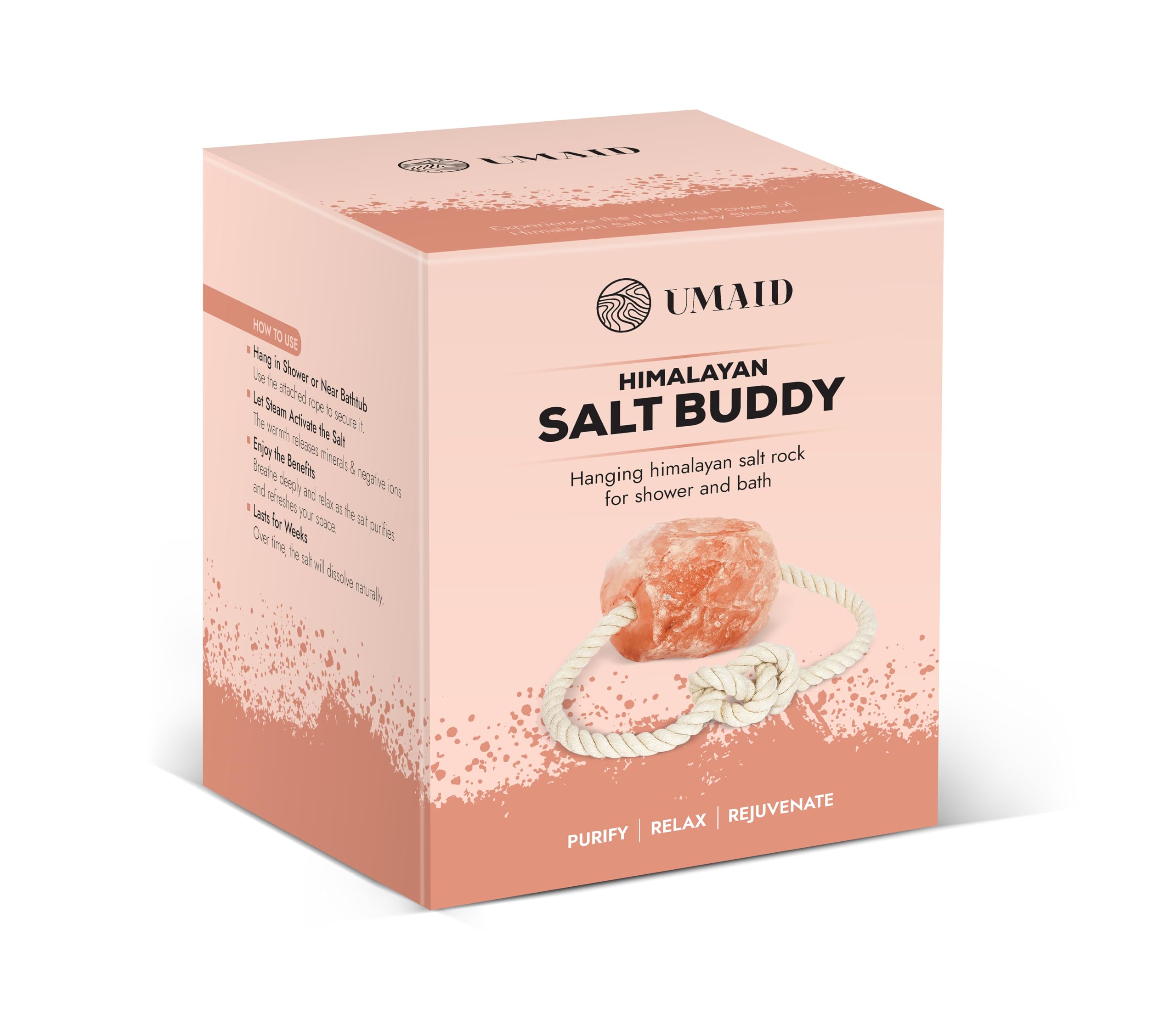 UMAID reusable solid salt buddy as a sustainable bath companion.