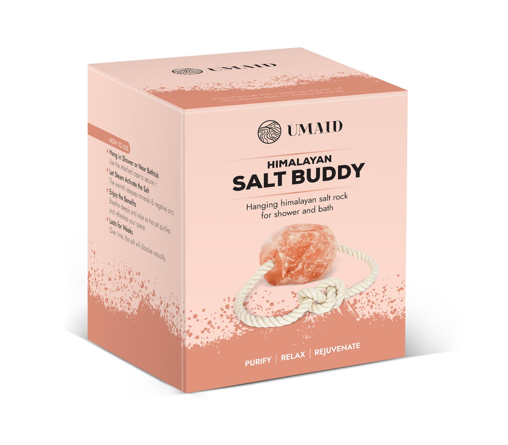 UMAID reusable solid salt buddy as a sustainable bath companion.