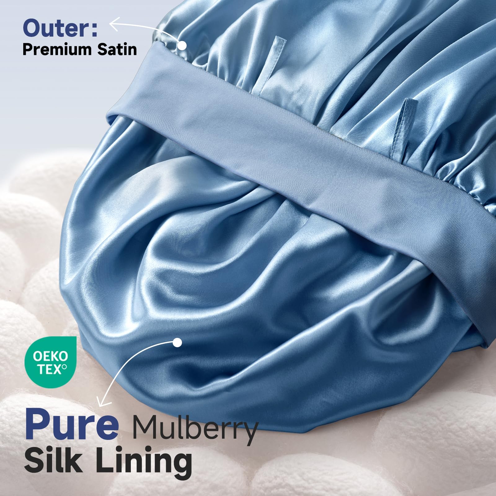 Umisleep blue silk bonnet on head, smooth sleep protection for delicate curls.