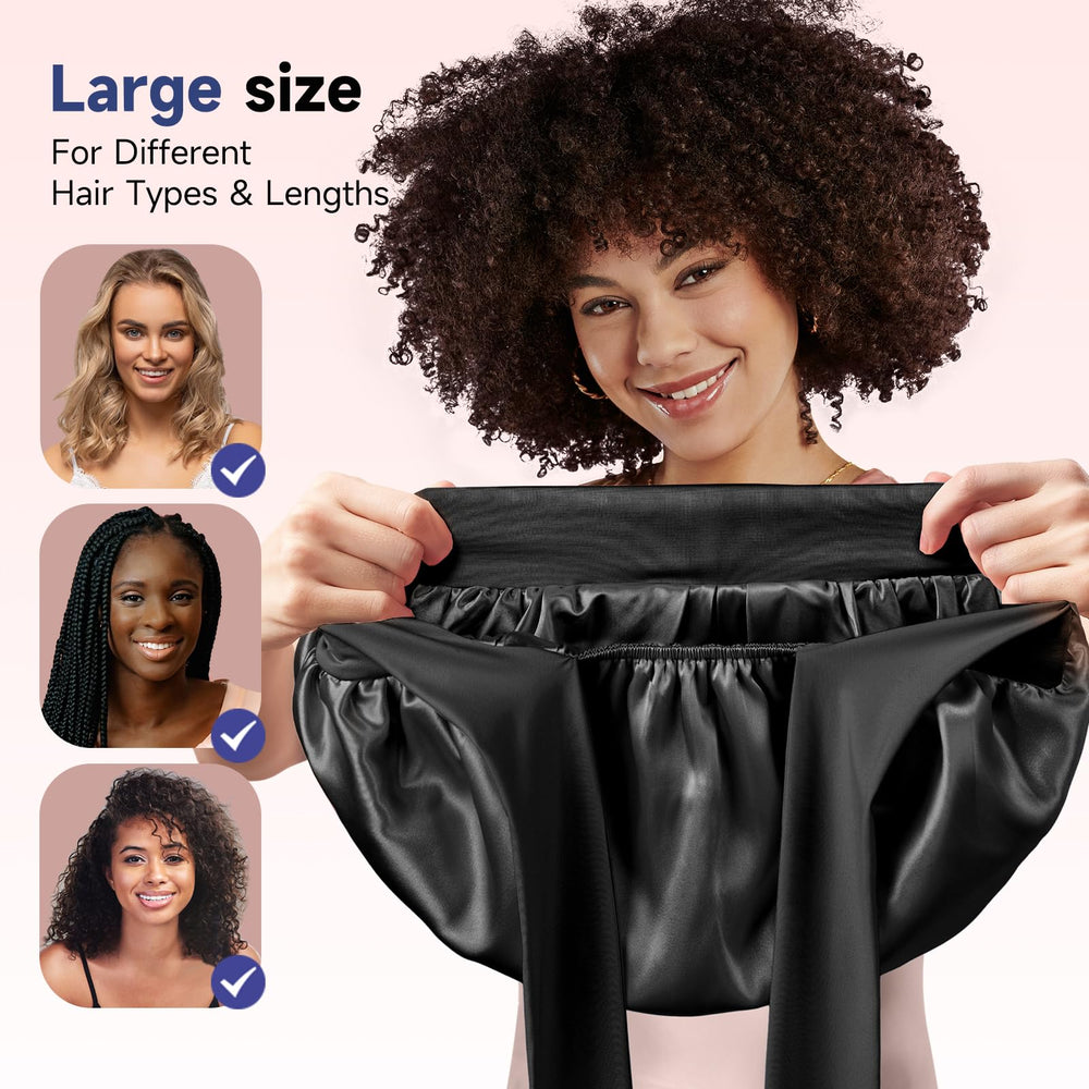 Umisleep Silk Bonnet worn on thick curly hair for smooth wake-up