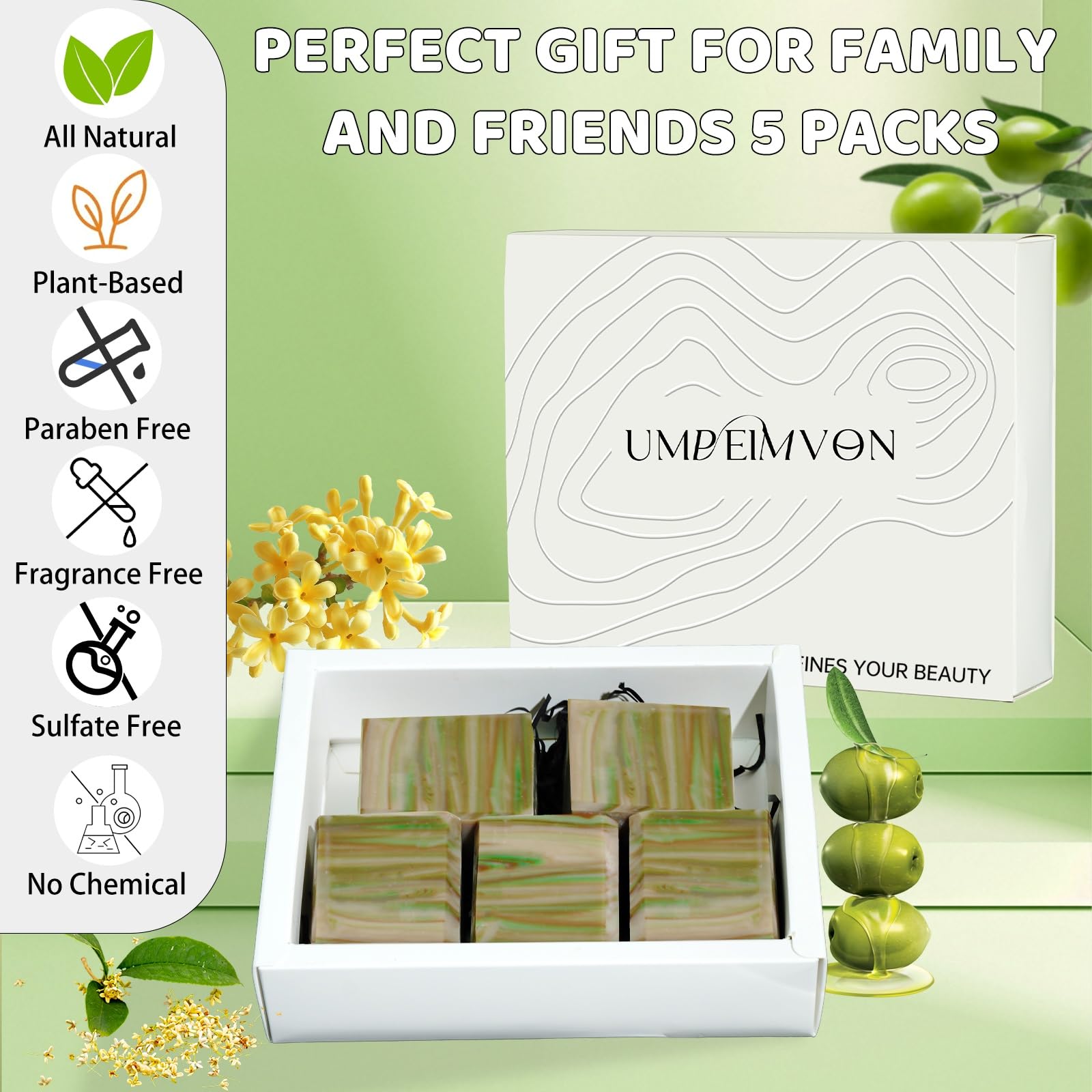 Umpeimvon olive oil soap used on face, body, and hair illustrating multipurpose cleansing.