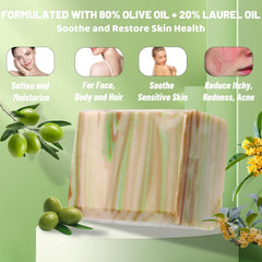 Umpeimvon olive oil soap ingredients close-up focusing on 80% olive oil and 20% laurel oil.