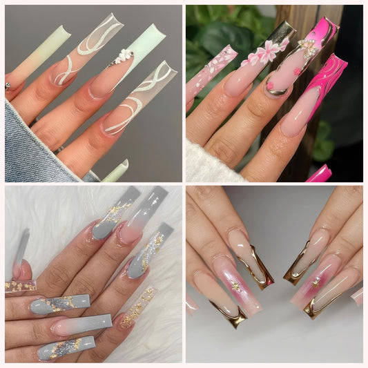 UNA GELLA clear full-cover tips for natural-looking extensions with no filing needed.
