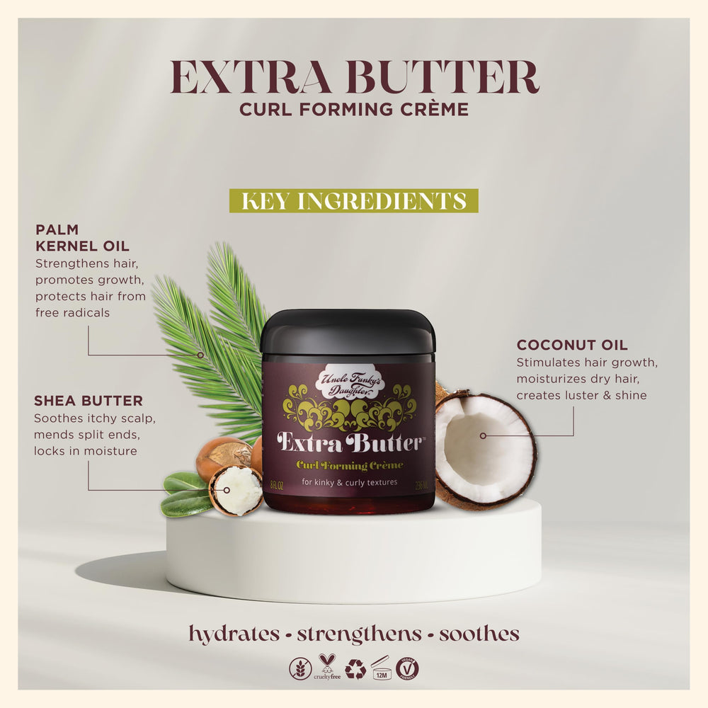 Uncle Funky's Daughter Extra Butter Curl Forming Creme label highlights nourishing ingredients