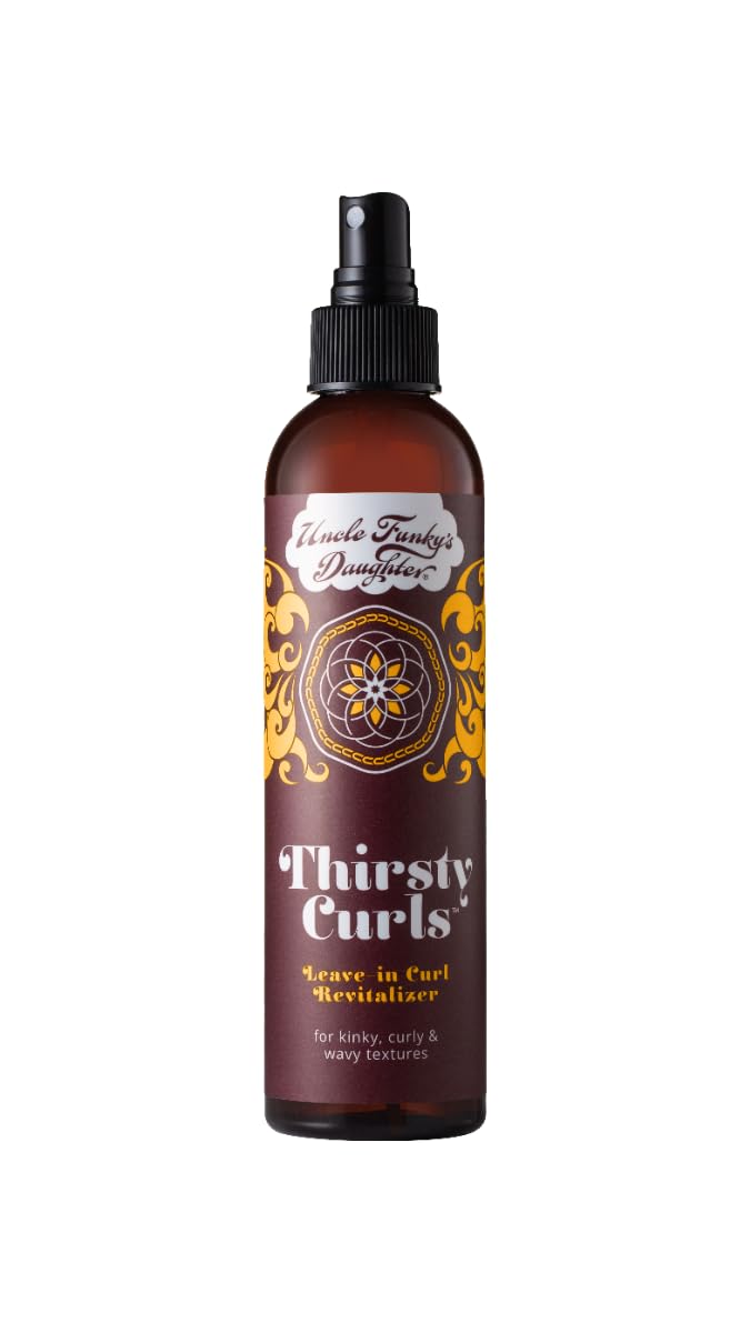 Uncle Funky's Daughter Thirsty Curls bottle shows hydration-focused leave-in for smoother curls