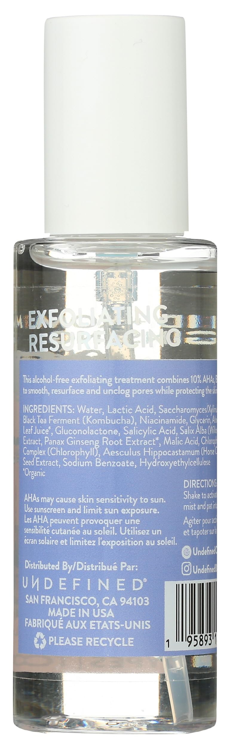 Undefined Beauty R&R exfoliator mist being sprayed on skin for smooth, even coverage
