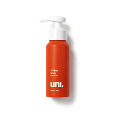 Uni 24 Hour Serum travel bottle shows the 90 ml size for on-the-go hydration.