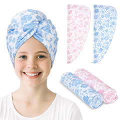 Unicorn Castle microfiber hair towel for kids with pink blue flower pattern, quick-dry and gentle.