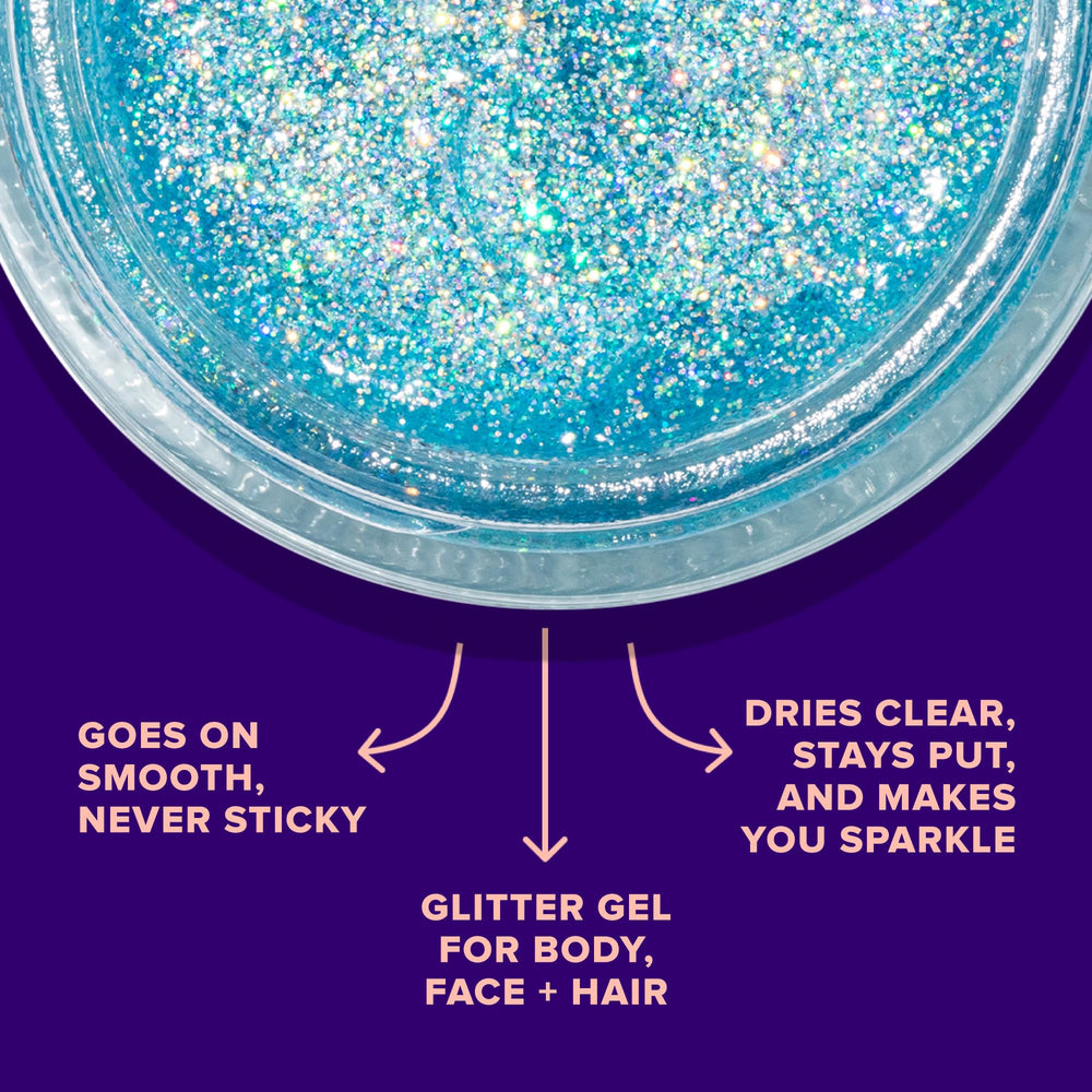 Unicorn Snot blue glitter gel on eyes provides luminous highlight and drama.
