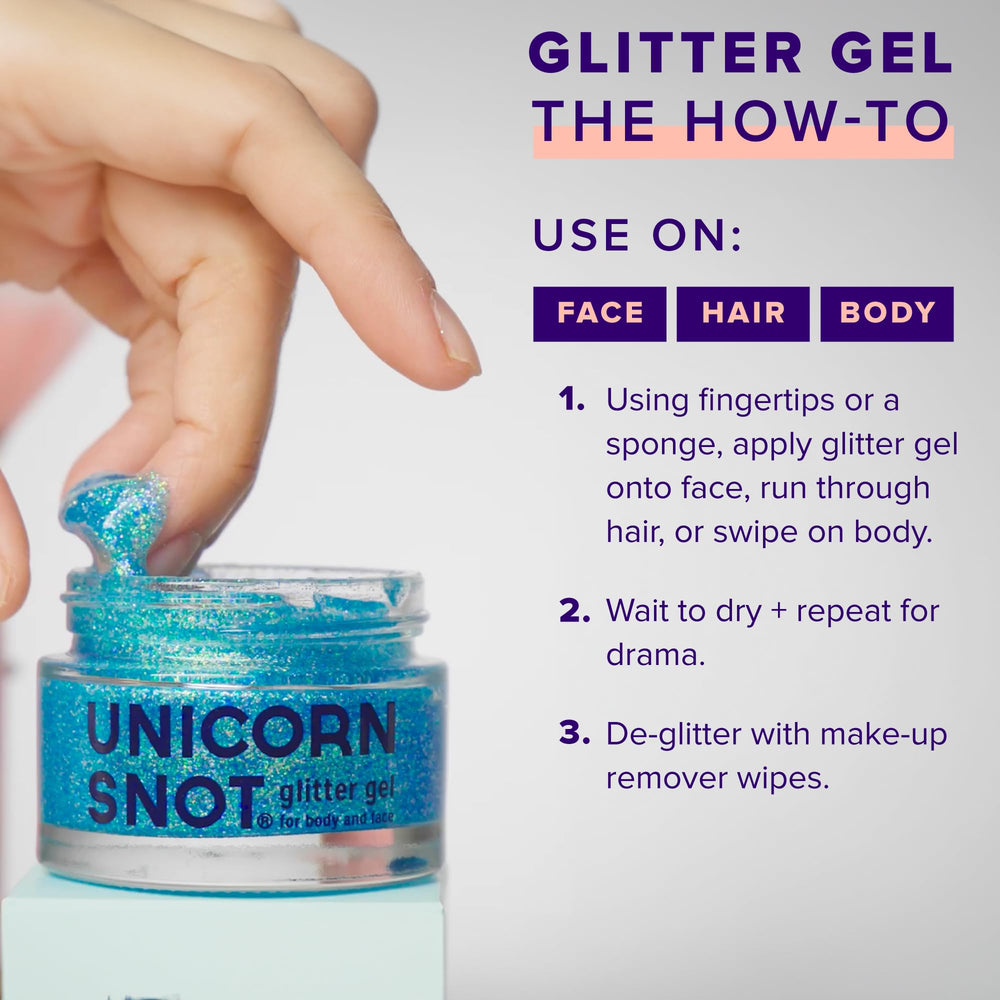 Unicorn Snot blue glitter gel on lips creates subtle reflective glow.