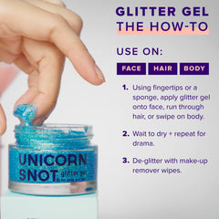 Unicorn Snot blue glitter gel on lips creates subtle reflective glow.