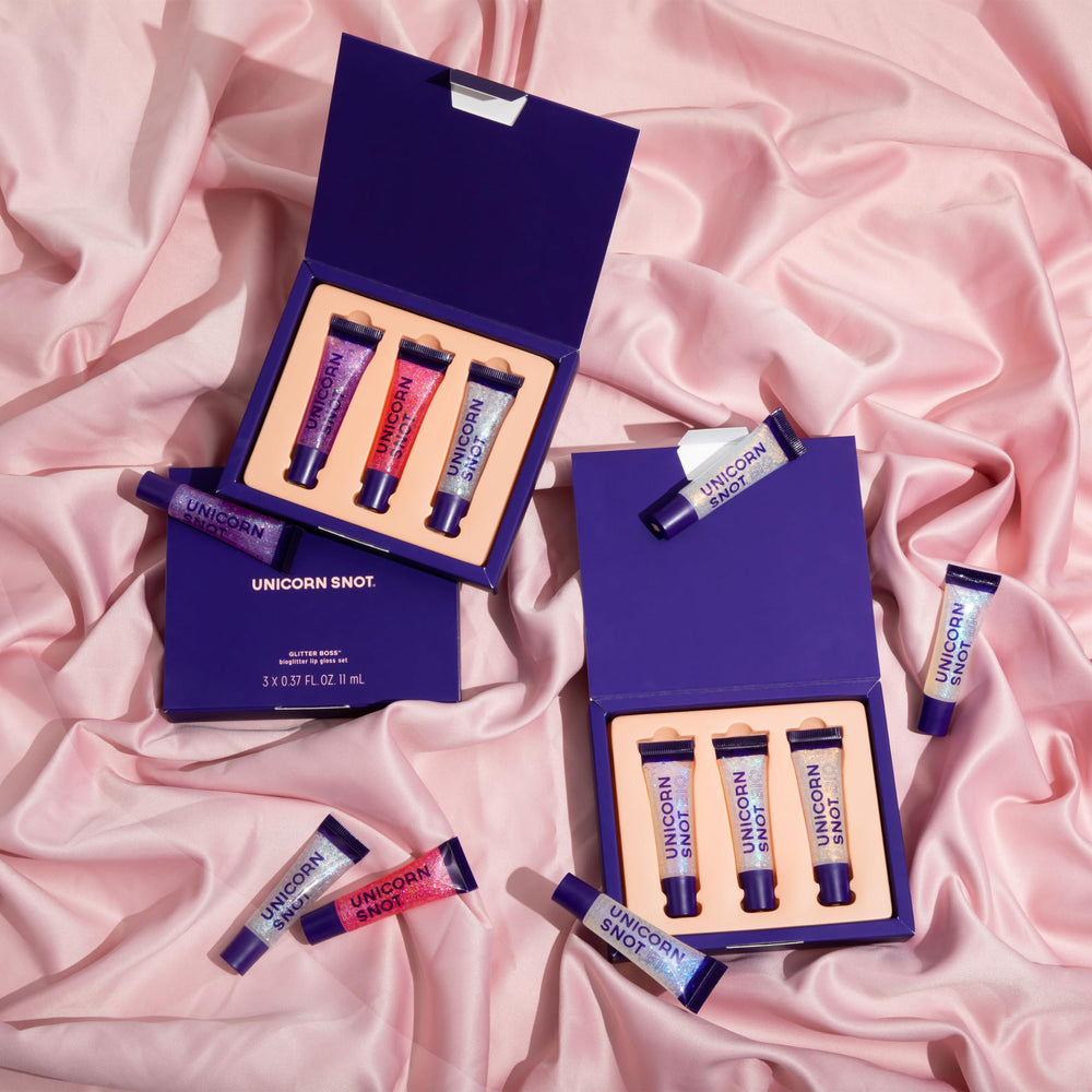 Unicorn Snot Glitter Boss packaging box highlights vegan, cruelty-free formula.