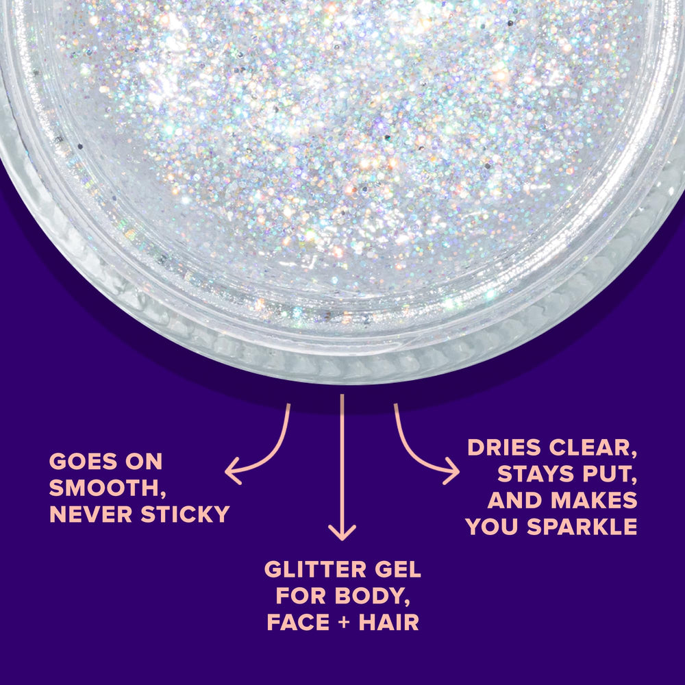UNICORN SNOT glitter gel on cheeks provides luminous highlight.