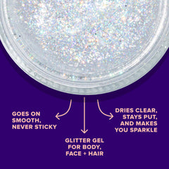 UNICORN SNOT glitter gel on cheeks provides luminous highlight.