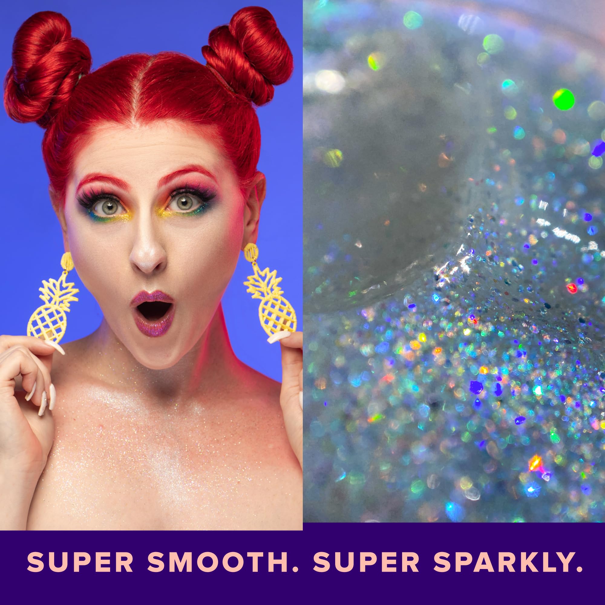 UNICORN SNOT glitter gel in hair creates bold shimmer.