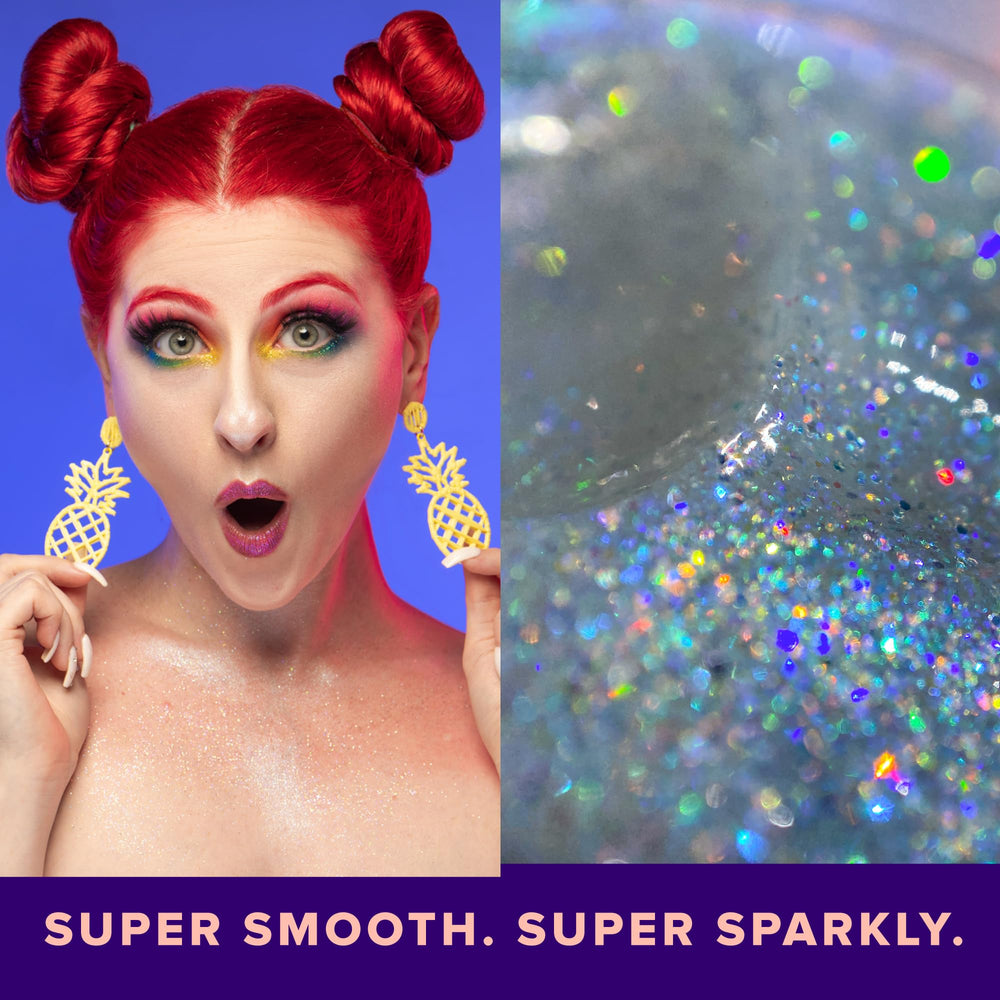 UNICORN SNOT glitter gel in hair creates bold shimmer.
