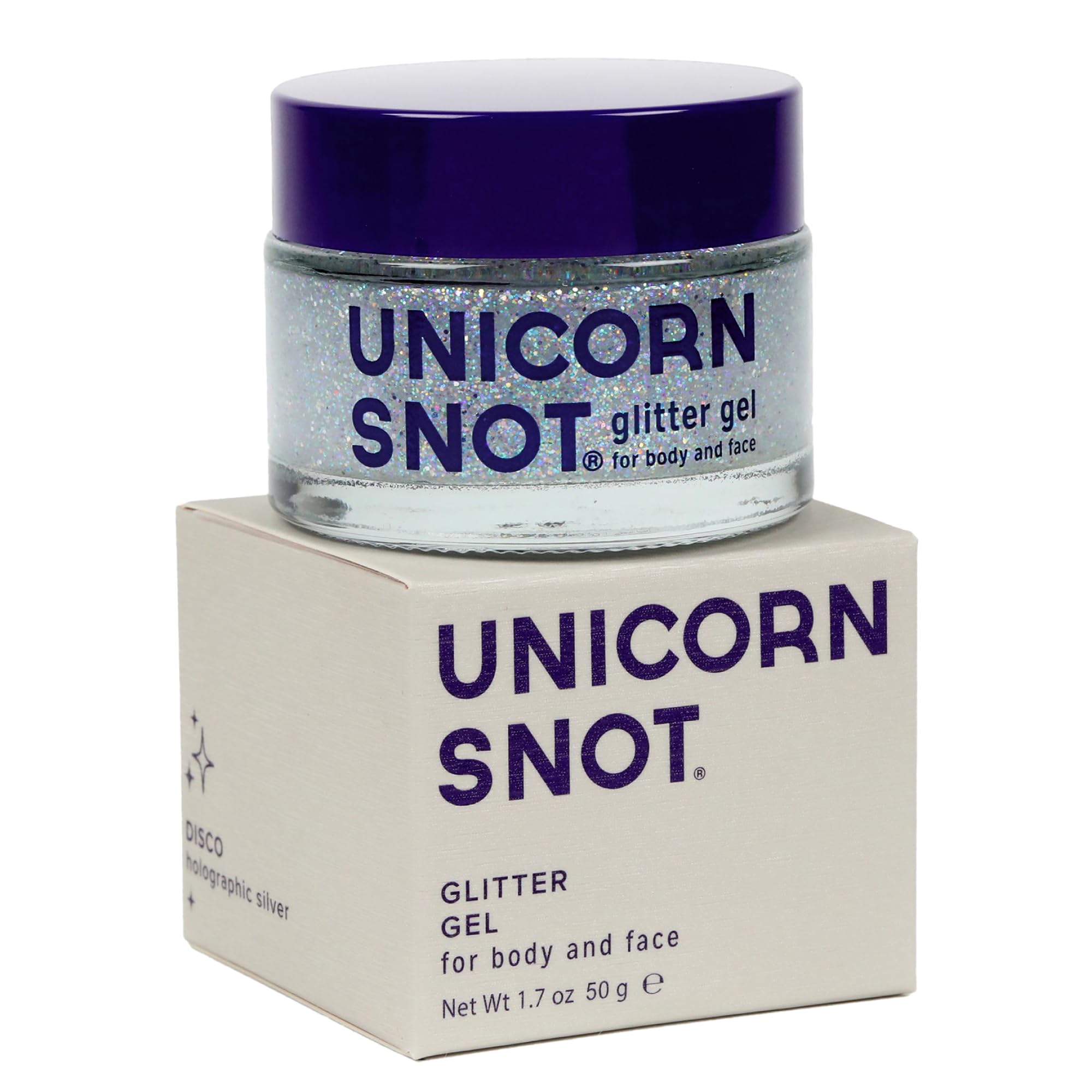 UNICORN SNOT glitter gel packaging shows quick-dry removal convenience.