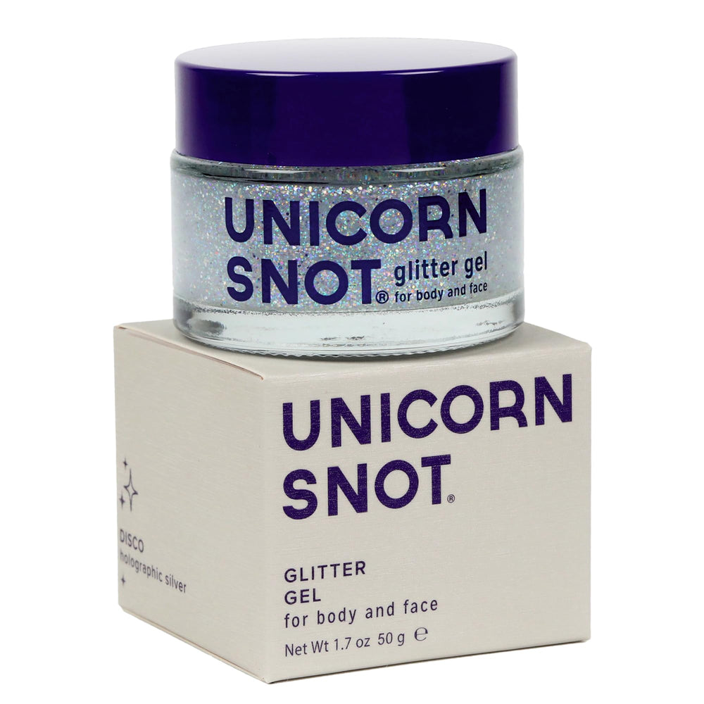 UNICORN SNOT glitter gel packaging shows quick-dry removal convenience.