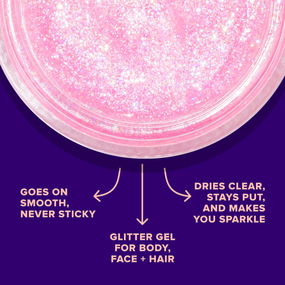 UNICORN SNOT glitter gel brushed through hair and body for a luminous glow