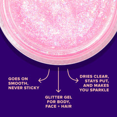 UNICORN SNOT glitter gel brushed through hair and body for a luminous glow
