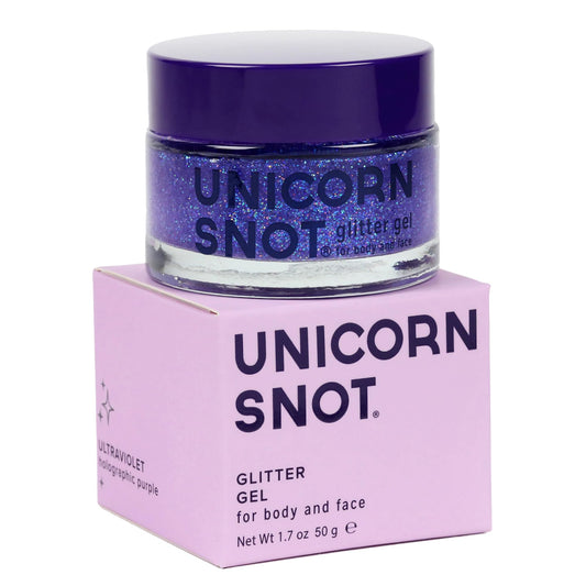 UNICORN SNOT holographic glitter gel jar showing purple UV sparkle on skin