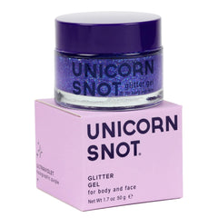 UNICORN SNOT holographic glitter gel jar showing purple UV sparkle on skin