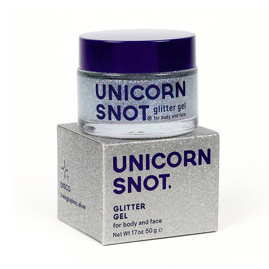 UNICORN SNOT holographic glitter gel on the face for a vibrant disco glow.