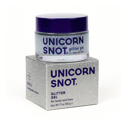 UNICORN SNOT holographic glitter gel on the face for a vibrant disco glow.